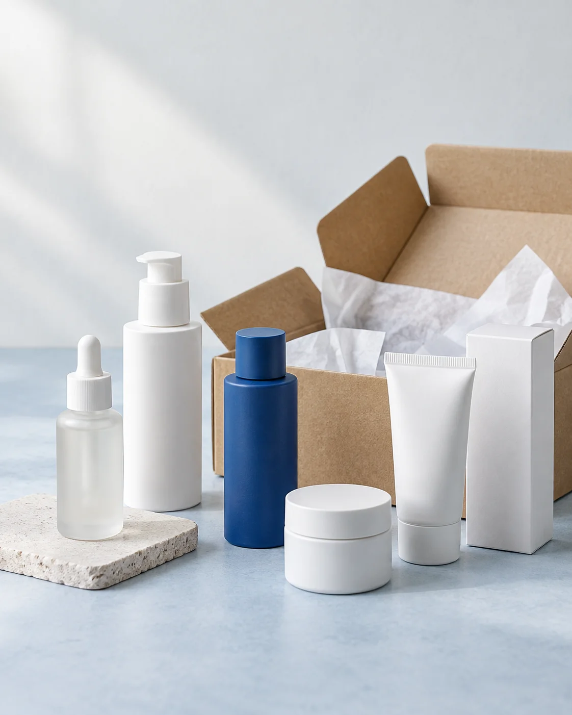 AI-created illustration of unbranded skincare samples and a packing box, representing cosmetics sourcing and export preparation.